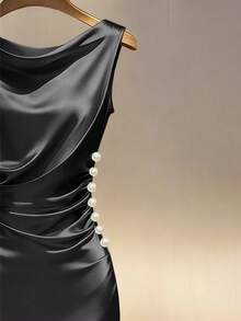 Franclia Champagne Satin Cowl Neck Sleeveless Fitted Dress - Black - View 3
