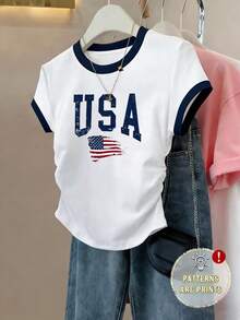 少女休闲美国国旗字母印花撞色滚边T恤，夏季 - 白色 - 查看 1