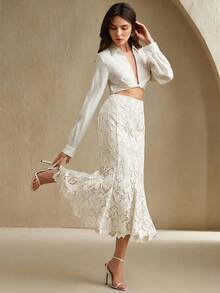 Anewsta Women's Fashionable And Elegant Patchwork Design Heavy Lace Hollow Brown Skirt, Autumn/Winter - Beige - View 6