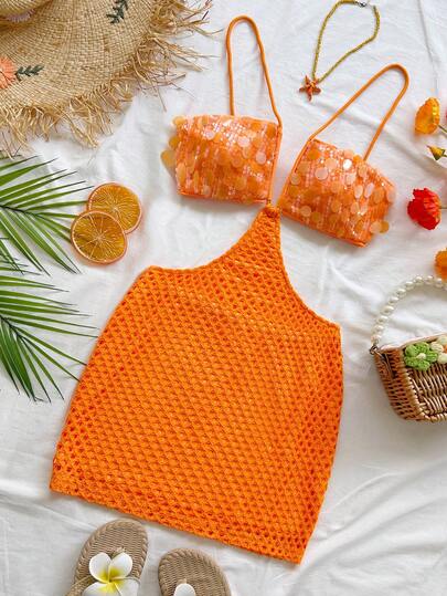 Soleia Women's Vacation Romantic Vacation Sexy Vacation Apricot Sequin V-Neck Hollow Out Halter Backless Mini Dress, Casual, Date, Afternoon Tea, Beach, Cruise, City Vacation, Music Festival, Party, Bohemian, Music Festival, Hippie, Western