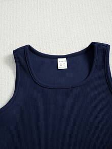 SHEIN Tween Girls' Solid Color Tank Top And Shorts Set, Cute And Casual - Navy Blue - View 3