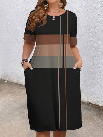 EMERY ROSE Minimalist Striped Print Plus Size Dress