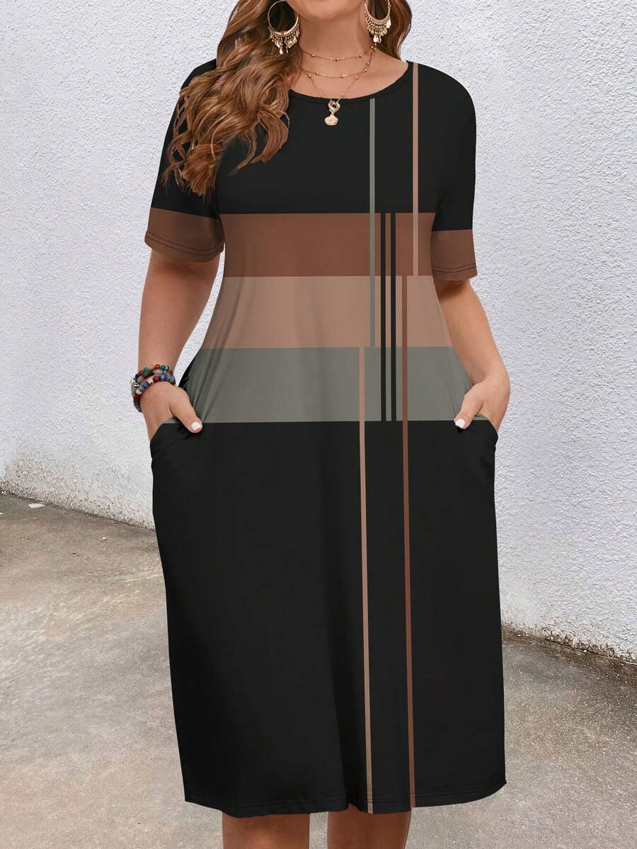 EMERY ROSE Minimalist Striped Print Plus Size Dress - Multicolor - View 1