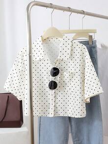 Franclia Retro Polka Dot Collar Short Sleeve Shirt, Casual/Commute - Apricot - View 4