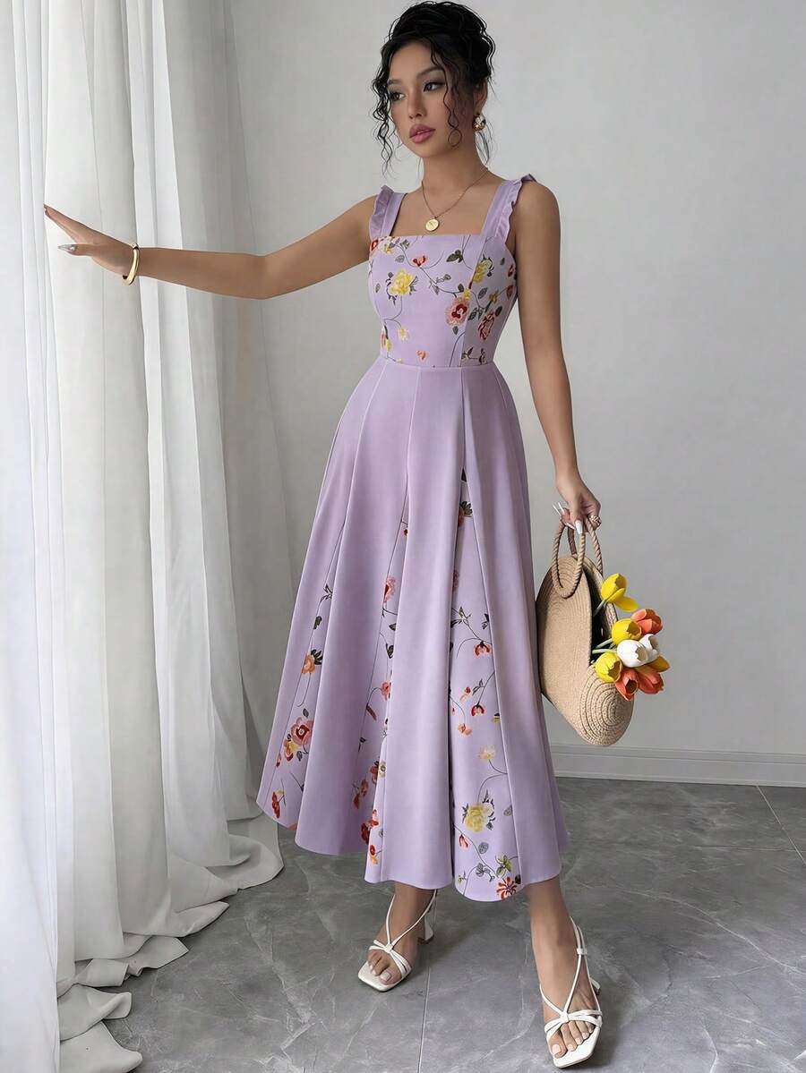 Elenzga Vestido de línea A con estampado de patchwork en la cintura para mujer, elegante para vacaciones, ir al trabajo y uso diario, sin mangas - Morado - Ver 1