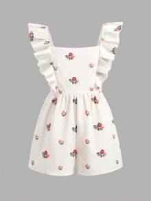 SHEIN Tween Girl Casual Daily Versatile Comfortable Fitted Floral Print Ruffle Back Bow Decor Jumpsuit Tween Girl - Apricot - View 5