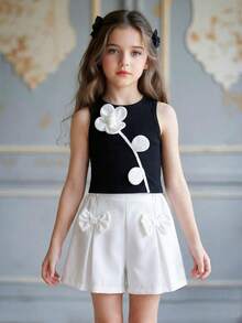 SHEIN 2pcs/Set Young Girl Knitted Sleeveless Vest With Pleated Flower Shorts, Fashionable And Summer Outfit - Black and White - View 2