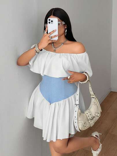 Maweii Plus Size Off-Shoulder Ruffle Asymmetric Hem Contrast Color Elegant Dress For Dates