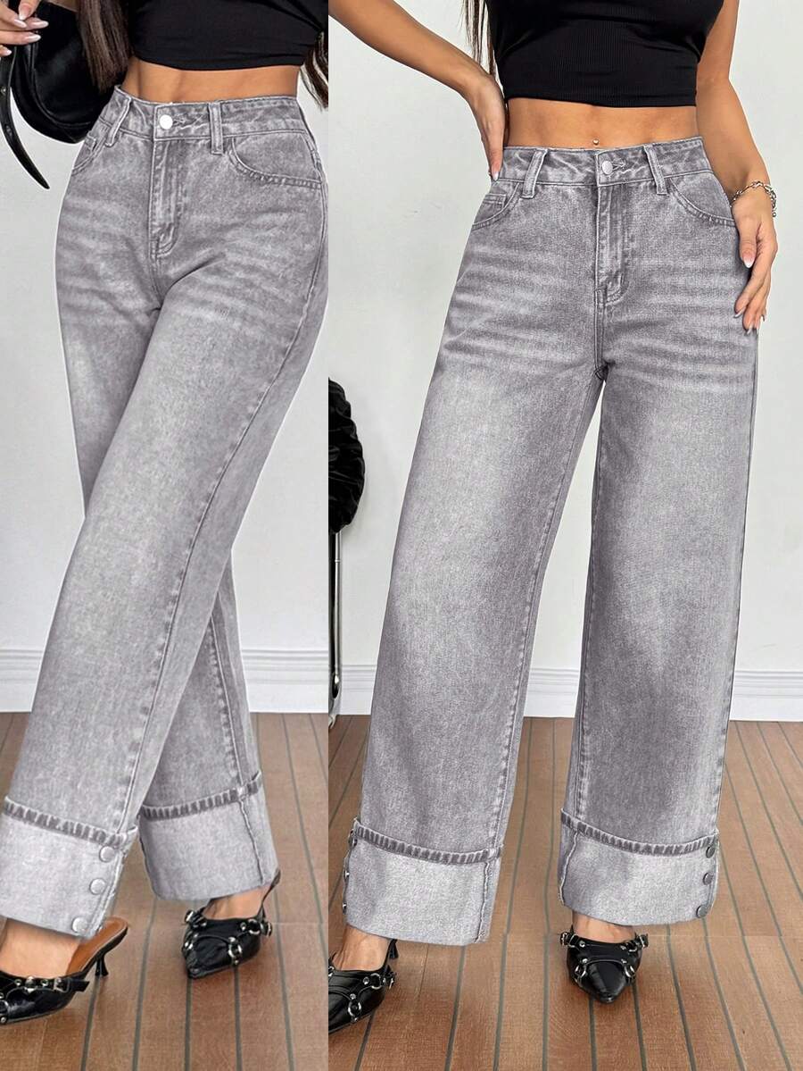 SHEIN PETITE Summer PETITE Women's High Waist Pockets Wide Leg High Waisted Grey Wide Leg Denim Pants For Women Cuffed Hem Button Detail Baggy Jeans Loose Casual Versatile Grey Washed Jeans - Black - View 1