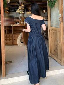 FRIFUL Women's Vacation Asymmetrical Shoulder Ruched Denim Dress - Blue - View 6