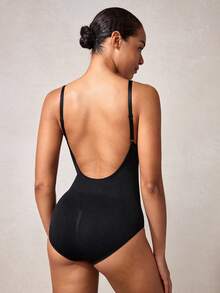 Veilyse 1pc Women's Shapewear Seamless V-Neck Sexy Low Waist Exposed Back Bodysuit,Control Belly Slimming Solid Shapewear Summer,Hip Lift Slimming Lingerie - Black - View 2