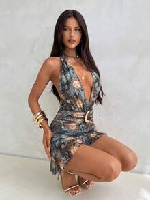 Aloruh Women's Teal Deep V-Neck Sleeveless Halter Backless Vintage Boho Summer Dress,Holiday Vacation Outfits For Party,Festival Beach Coachella Clothing - Multicolor - View 5