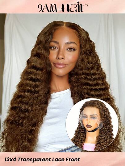 วิกผมลูกไม้หน้ามน สีช็อกโกแลตน้ำตาล เบอร์ 4 ลอนคลื่นลึก วิกผมมนุษย์ 13X4 ผม Transparent ลอนหงิก ผมธรรมชาติ ความหนาแน่น 180% วิกผมบราซิลเนียน Virgin ที่ถอนขนล่วงหน้า พร้อมปลายผมเด็ก