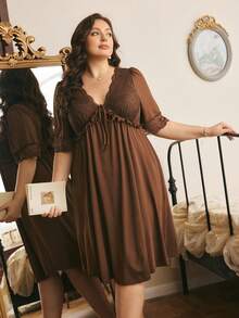 Côtesoire Plus Size Women's Elegant Romantic Lace Patchwork V-Neck Bow Tie Design A-Line Solid Color Dress Plus Size Night Dress - Coffee Brown - View 3