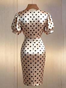 Franclia Women's Elegant Black Polka Dot Summer Mini Dress,Faux Pearl Decor Petal Sleeve Tea Party Dress,Luxury Retro Pin Up Style Outfit - Apricot - View 3