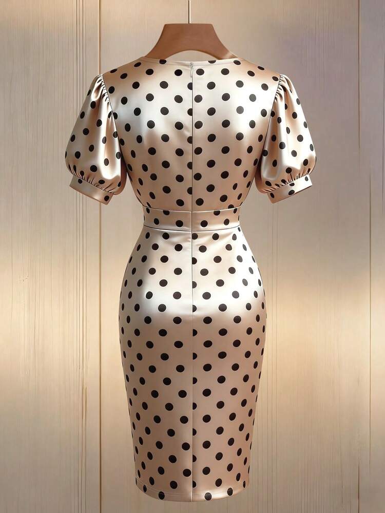 Franclia Women's Elegant Polka Dot Pattern Faux Pearl Decor Petal Sleeve Mini Dress Elegant Dress Polka Dot Dress Women's Dress Outfit Luxury Dresses For Women Retro Dresses For Woman Pin Up Style Dress - Apricot - View 3
