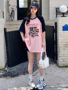 DAZY Figure And Slogan Printed Round Neck Colorblock Raglan Sleeve T-Shirt Graphic Tee - Pink - View 8