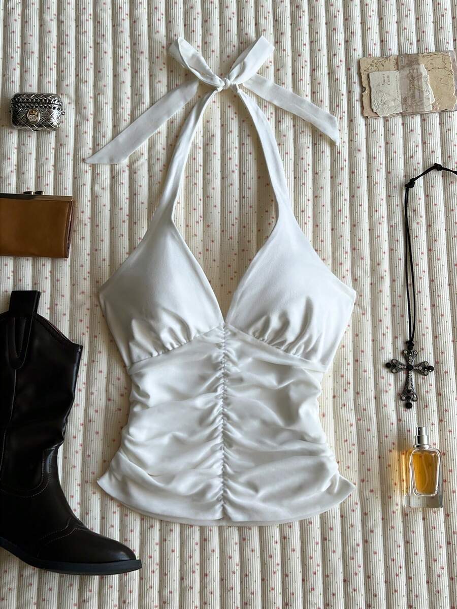 Tie-Up Neck Fitted Women Top - White - View 1