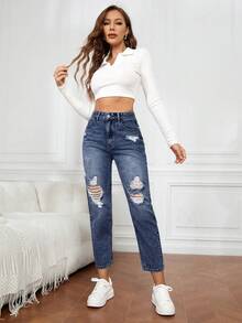 EMERY ROSE Women's Pocketed Distressed Tapered Casual Versatile Denim Jeans Women Jeans High Waisted - Dark Wash - View 3