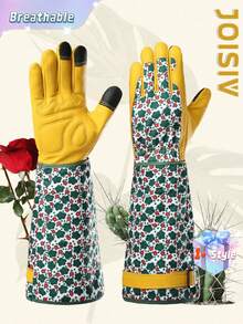 SHEIN Găng tay làm vườn dài JOISIV bền và thoải mái dành cho nữ – Găng tay cao cấp bằng da in họa tiết màu xanh lá cây và da bò thoáng khí, chống gai, chống trầy xước và linh hoạt, thích hợp cho công việc làm vườn, tỉa cành và bảo dưỡng vườn – Hoàn hảo để xử lý hoa hồng, xương rồng và các loại cây có gai khác (1 đôi) - Nhiều màu - Xem 1