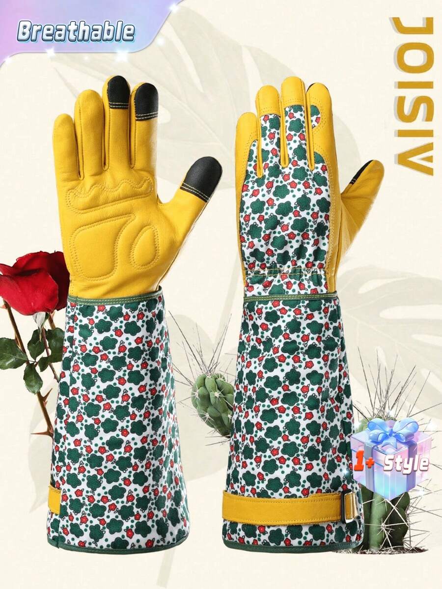 SHEIN Găng tay làm vườn dài JOISIV bền và thoải mái dành cho nữ – Găng tay cao cấp bằng da in họa tiết màu xanh lá cây và da bò thoáng khí, chống gai, chống trầy xước và linh hoạt, thích hợp cho công việc làm vườn, tỉa cành và bảo dưỡng vườn – Hoàn hảo để xử lý hoa hồng, xương rồng và các loại cây có gai khác (1 đôi) - Nhiều màu - Xem 1