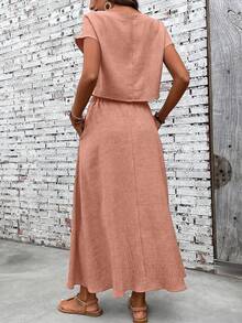 EMERY ROSE Women's Solid Color Boat Neck Batwing Sleeve Shirt And Mini Skirt 2 Pieces Set - Orange - View 2