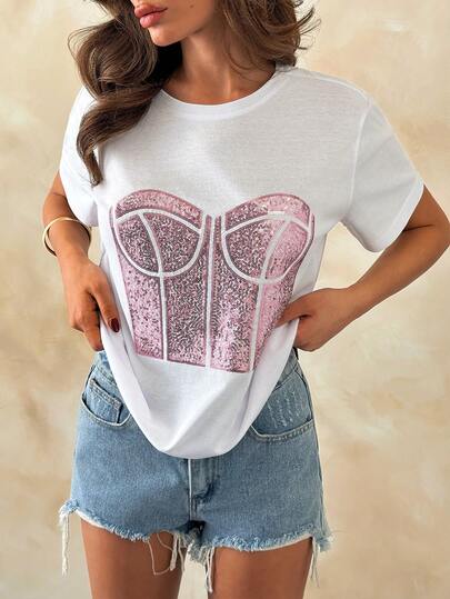 SHEIN Women's Premium White Cotton T-Shirt Featuring A Glittering Pink Sequin Bustier Detail, Structured Corset-Style Stitching, And Daily Glamorous Oversize Silhouette, Limited Edition Collection