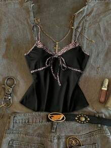 Attitoon 夏季女士豹纹拼接扭结设计休闲百搭约会之夜吊带背心，春季女装，复活节，外出上衣，黑色上衣，适合返校季，复古，性感，可爱，Y2K，椰子女孩，波西米亚，嬉皮，音乐节，派对 - 彩色 - 查看 1