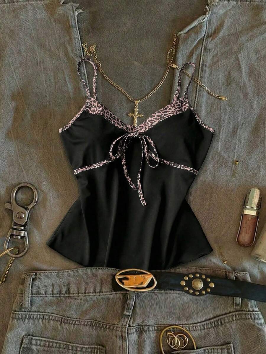 Attitoon 夏季女士豹纹拼接扭结设计休闲百搭约会之夜吊带背心，春季女装，复活节，外出上衣，黑色上衣，适合返校季，复古，性感，可爱，Y2K，椰子女孩，波西米亚，嬉皮，音乐节，派对 - 彩色 - 查看 1