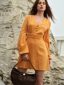 MOTF PREMIUM 女士V领流苏A字短款连衣裙，春夏款 - 橘色 - 查看 6