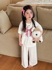 DAZY 2件套少女印花圆领针织短袖T恤和裤子家居服套装，秋季款 - 白色 - 查看 7