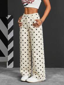 SHEIN PETITE Women's High Waist Polka Dot Pocket Wide Leg Loose Casual Jeans - Black and White - View 3