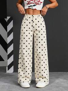SHEIN PETITE Women's High Waist Polka Dot Pocket Wide Leg Loose Casual Jeans - Black and White - View 5