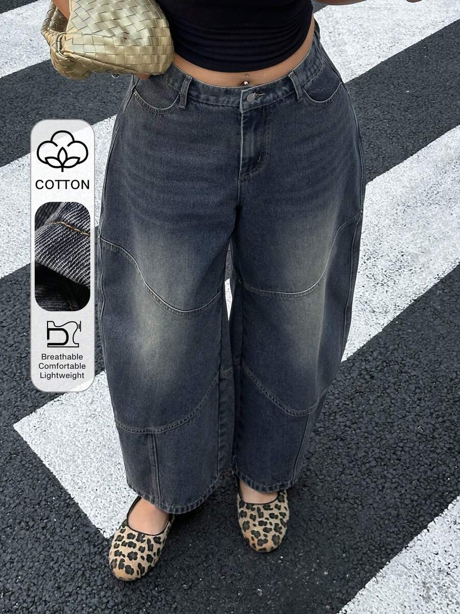 Dazy Plus 复古水洗做旧宽松喇叭牛仔裤，街头风，四季皆宜 - 中等水洗藍 - 查看 1