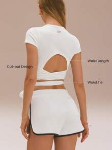 GLOWMODE Camiseta de cuello redondo de estilo ajustable con cordón en la cintura, de longitud a la cintura, de ajuste ceñido, de tela transpirable y absorbente del sudor de tipo toalla, para yoga, pilates, entrenamiento, uso diario y casual - Blanco - Ver 3