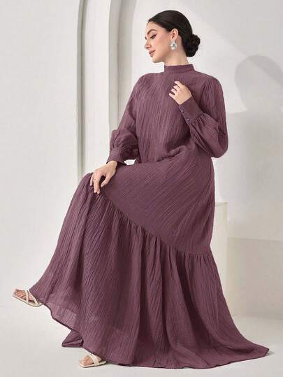 Veilorie Women's Solid Color Mandarin Collar Long Sleeve Ruffled Hem Loose Elegant Dress