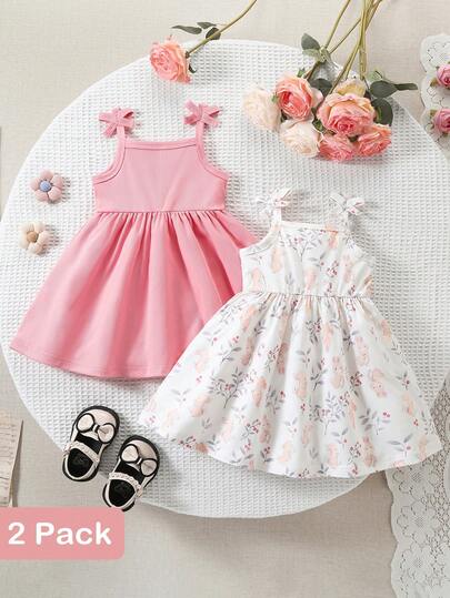 SHEIN Bộ 2 váy hai dây in hình thỏ hoạt hình màu nước dễ thương cho bé gái, thích hợp cho Ngày Valentine, Lễ Phục Sinh, các lễ hội, chụp ảnh sinh nhật, hoạt động ngoài trời, thư giãn tại nhà, kỳ nghỉ, mùa xuân/hè.