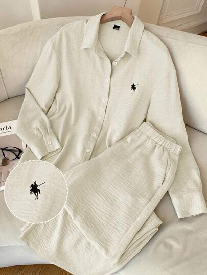SHEIN EZwear Women's Apricot Woven Embroidered Long Sleeve Shirt And Pants Casual Suit