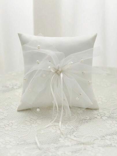 1PC Bride Wedding Small Square Ring Pillow With Bow Pearl Western Wedding Gift Ring Props Supplies Ceremony Decor For Bride Groom Wedding Party Decorations