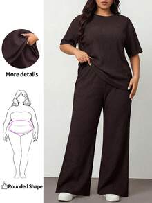 Enliva 大码休闲通勤纯色上衣和裤子两件套，宽松舒适，适合苹果型和圆润身材 - 棕色 - 查看 1