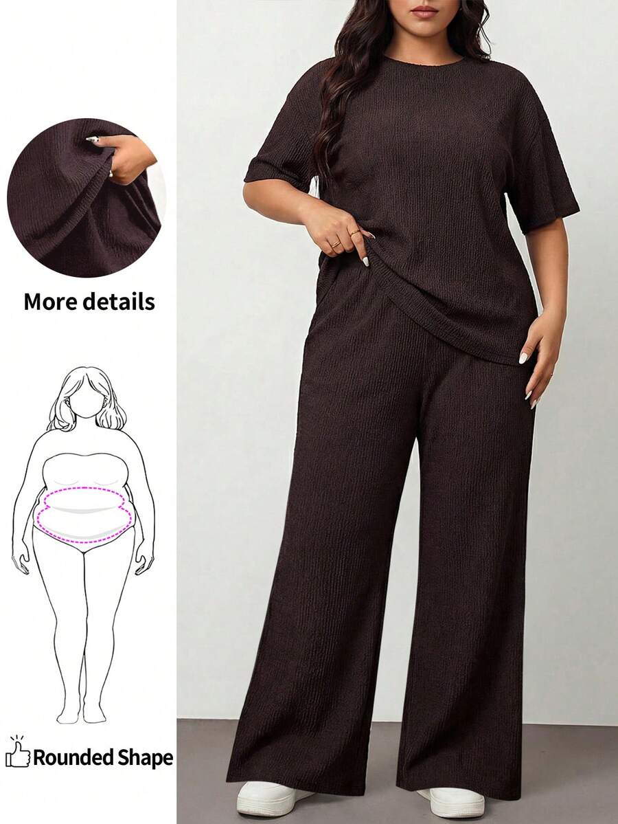 Enliva 大码休闲通勤纯色上衣和裤子两件套，宽松舒适，适合苹果型和圆润身材 - 棕色 - 查看 1