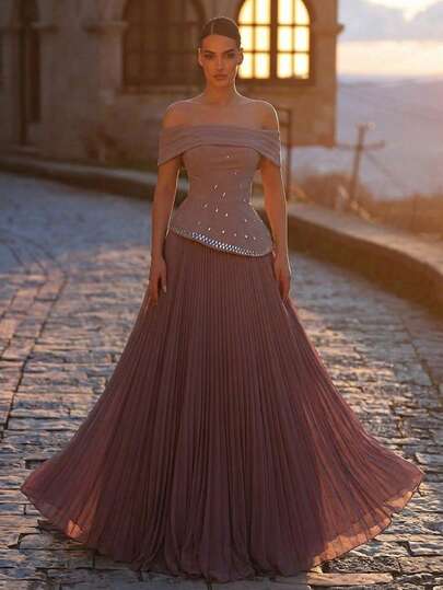 Aureia Elegant Light Gray-Purple Off Shoulder Neckline Pleated Unique Special Design Hem Luxurious 3D Embroidered Faux Pearl Super Large Chiffon A-Line Dress, Suitable For Dates, Vacations, Singles Parties, Weddings, Women's Evening Gown