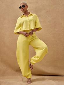 Vixey Yellow Pointed Collar Boxy Cropped Button Up Shirt - Yellow - View 3