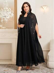 SHEIN Clasi Vestito canotta tinta unita e cardigan aperto davanti casual, completo da 2 pezzi, taglie comode per donna - nero - Visualizzare 3