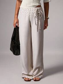 Avenya 杏色条纹高腰双腰系带阔腿裤 - 彩色 - 查看 3