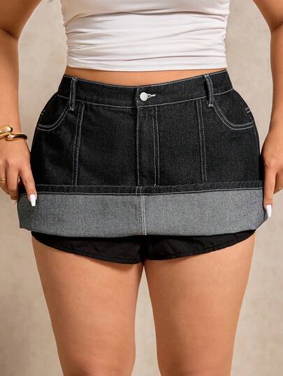 Elaquor Plus Size Women High Waist Pockets Casual Versatile Denim Shorts