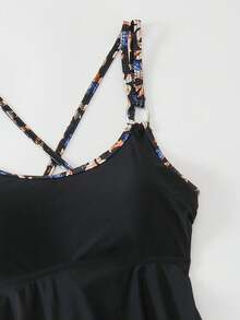 2026Swim Lushoire 成熟时尚优雅黑色复古泳装，佩斯利印花系带，细肩带环饰比基尼上衣和下装两件套 - 黑色 - 查看 6