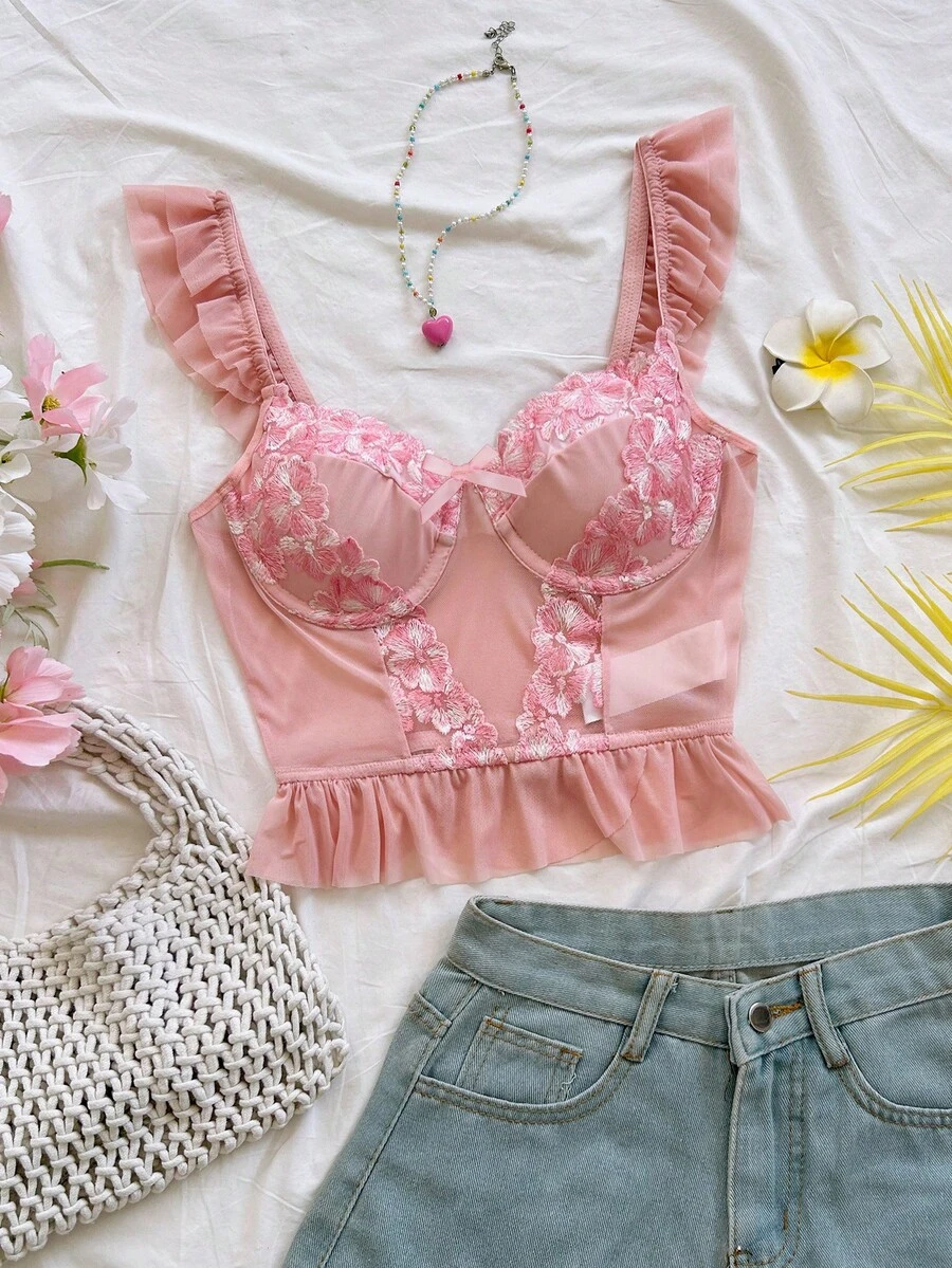 Soleia Cute & Sexy Semi-Sheer Mesh Floral Embroidered Underwire Bra With Adjustable Straps - Pink - View 1