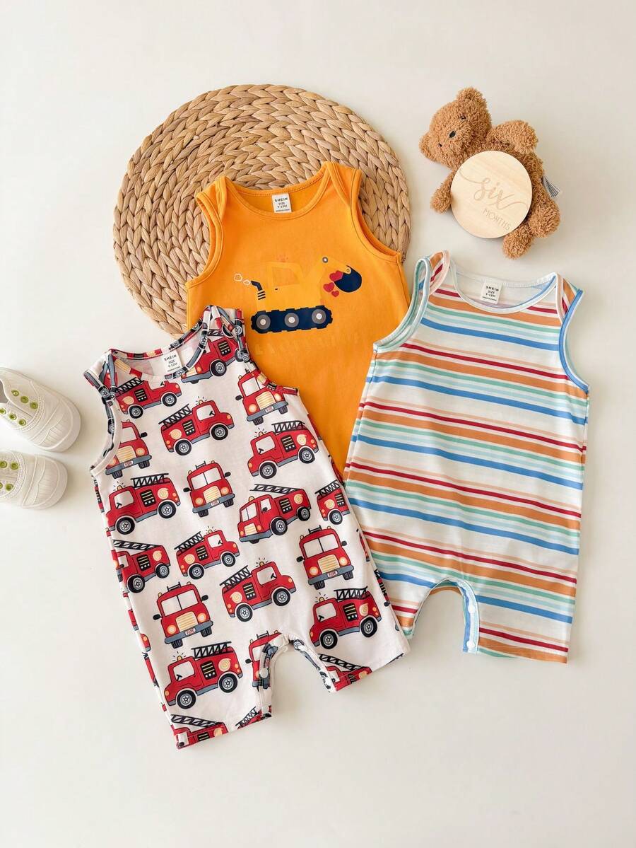 3pcs/Set Newborn Baby Boy/Girl Cute Cartoon & Striped Knitted Romper, Summer - Multicolor - View 1