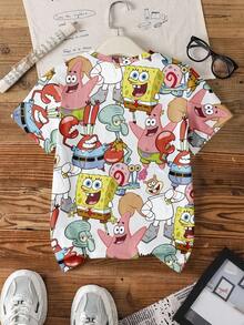SpongeBob SquarePants | SHEIN Tween Boys Crew Neck Short Sleeve Cute Cartoon Print Casual Versatile T-Shirt, All-Over Print - White - View 2